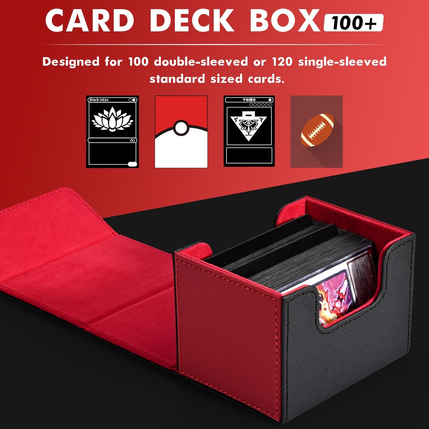 ZLCA Card Deck Box – Leather Magnetic Storage for MTG & TCG, 120+ Single-Sleeved Cards (Red & Black)