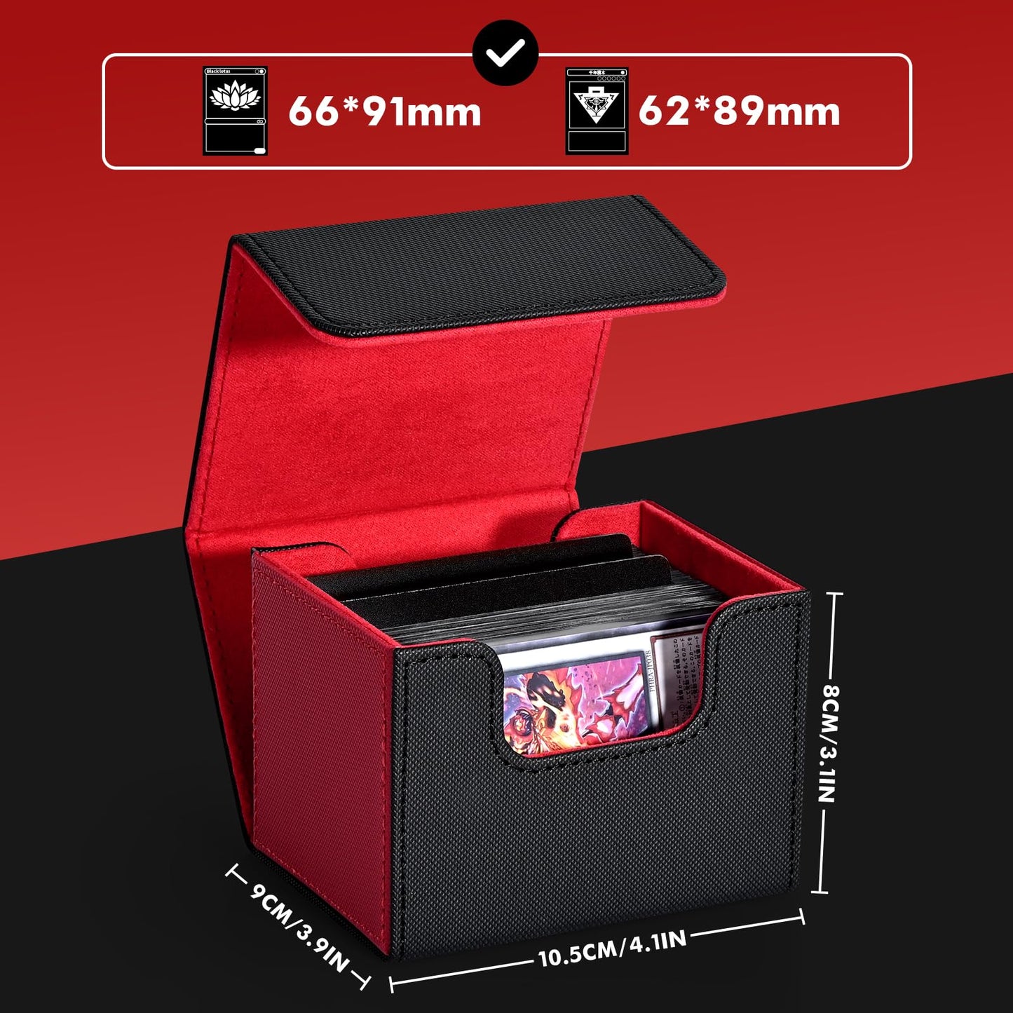 ZLCA Card Deck Box – Leather Magnetic Storage for MTG & TCG, 120+ Single-Sleeved Cards (Red & Black)