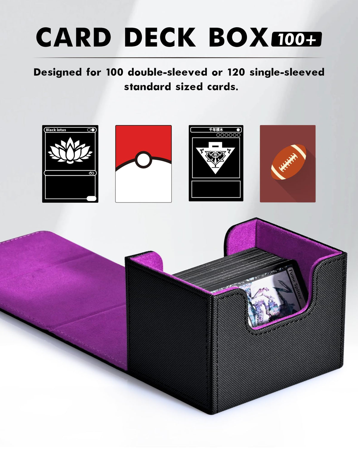 ZLCA Card Deck Box – Leather Magnetic MTG Commander Deck Case Holds 120+ Single-Sleeved Cards (Black & Purple)