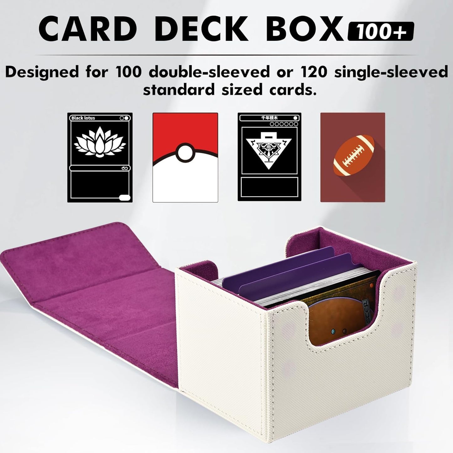 ZLCA Leather Magnetic Card Deck Box for MTG & TCG – Holds 120+ Singles (White & Purple)