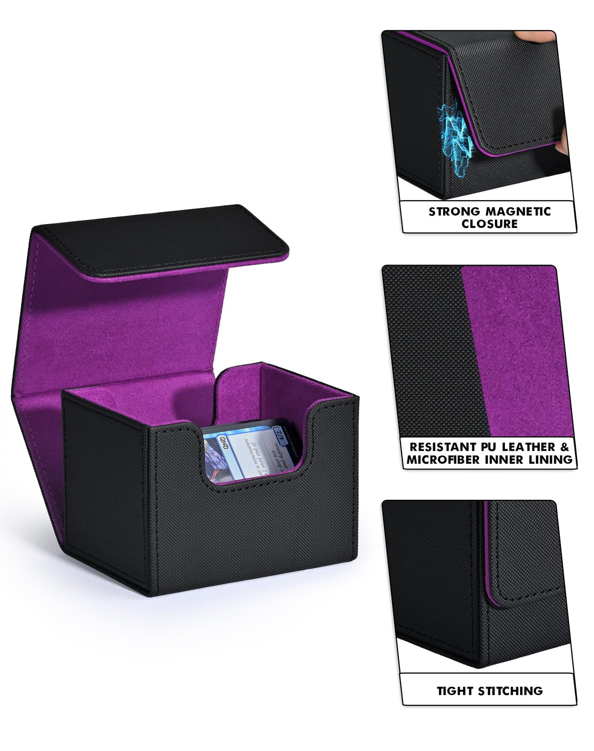 ZLCA Card Deck Box – Leather Magnetic MTG Commander Deck Case Holds 120+ Single-Sleeved Cards (Black & Purple)
