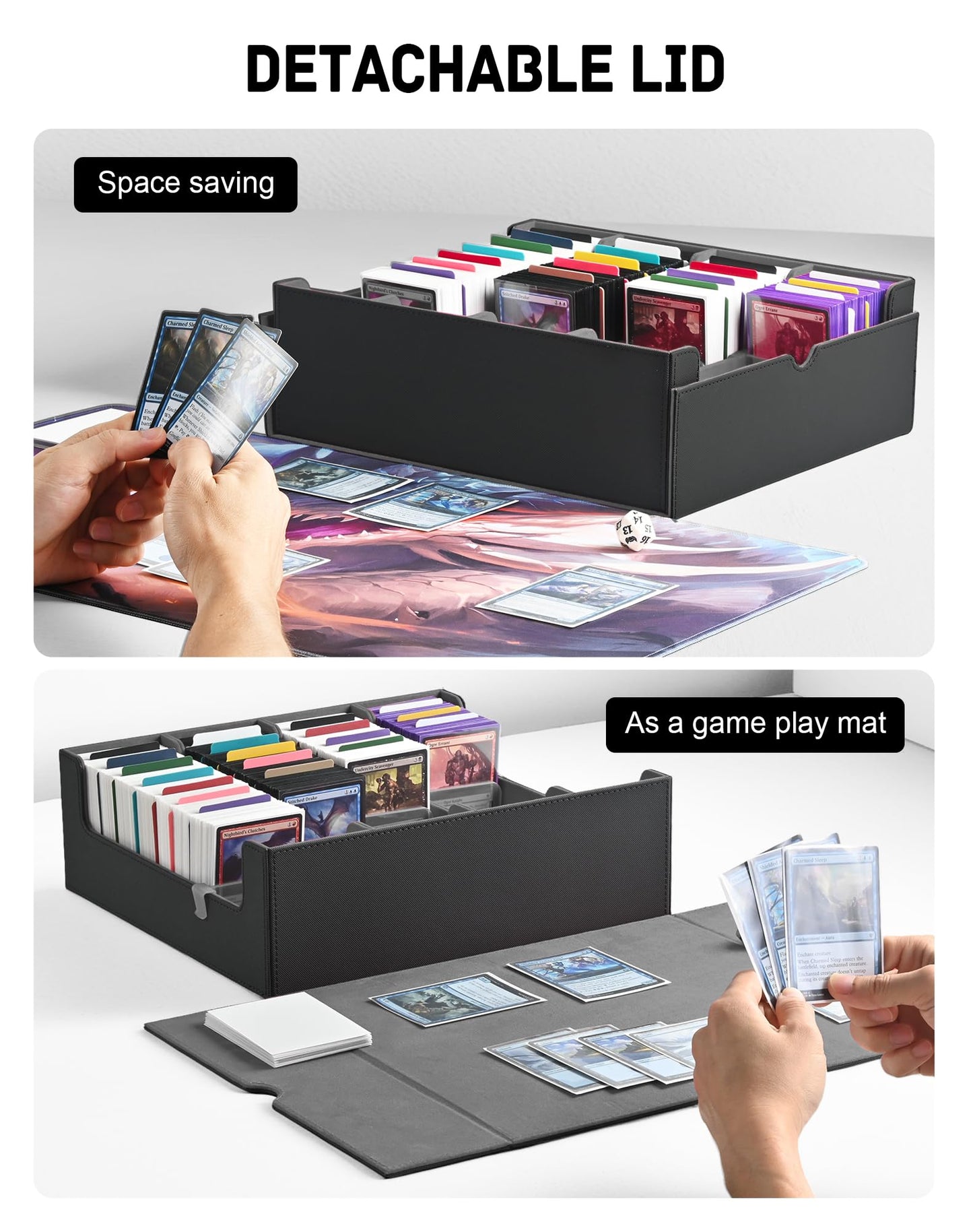 ZLCA Card Storage Box for MTG PTCG — 3200+ Card Capacity, 4 Stoppers, Detachable Lid (Black)