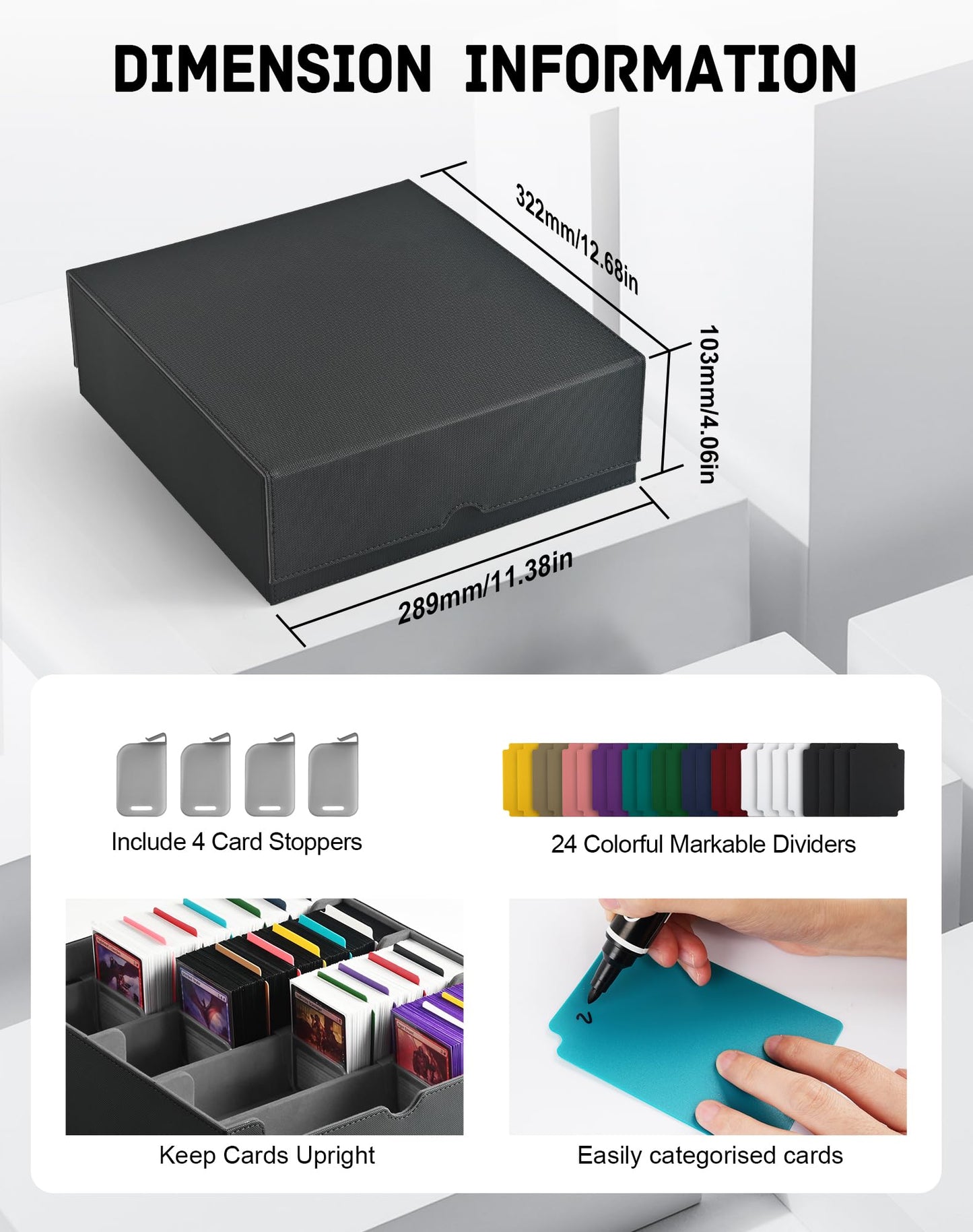 ZLCA Card Storage Box for MTG PTCG — 3200+ Card Capacity, 4 Stoppers, Detachable Lid (Black)