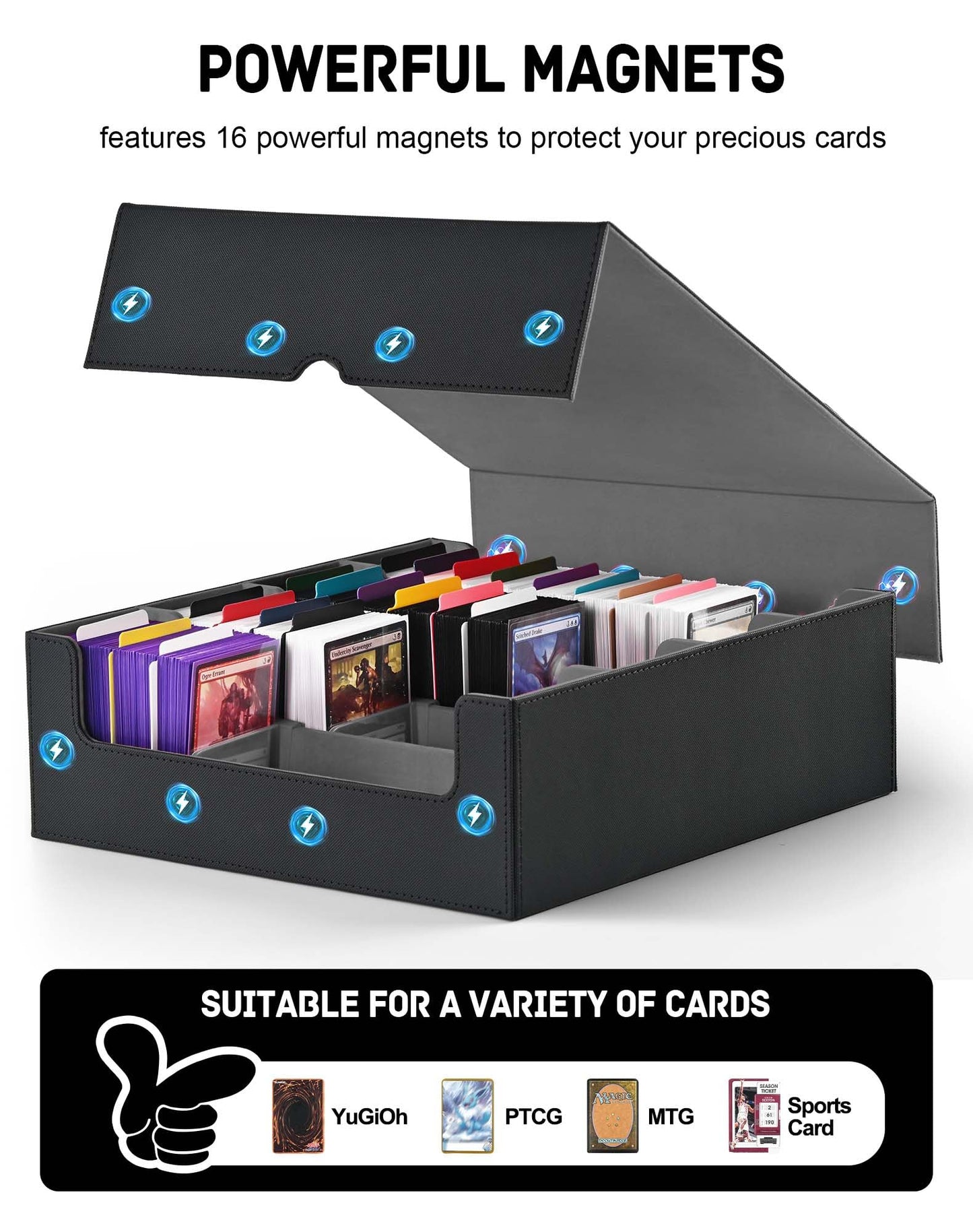 ZLCA Card Storage Box for MTG PTCG — 3200+ Card Capacity, 4 Stoppers, Detachable Lid (Black)