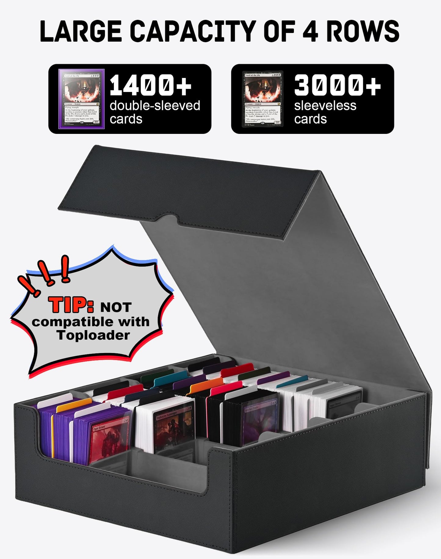 ZLCA Card Storage Box for MTG PTCG — 3200+ Card Capacity, 4 Stoppers, Detachable Lid (Black)