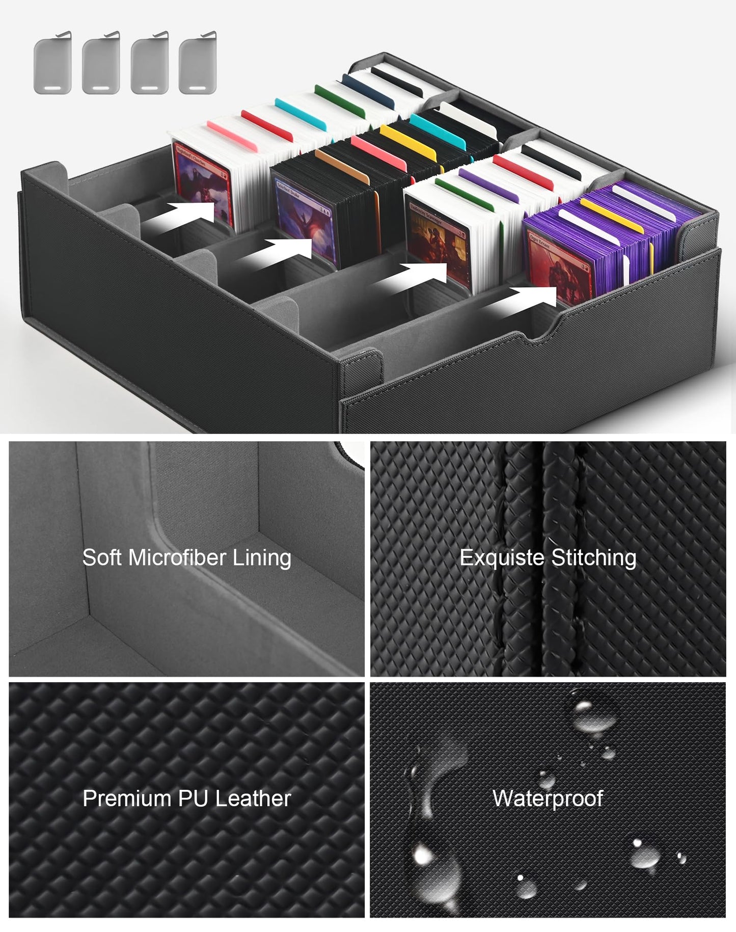 ZLCA Card Storage Box for MTG PTCG — 3200+ Card Capacity, 4 Stoppers, Detachable Lid (Black)