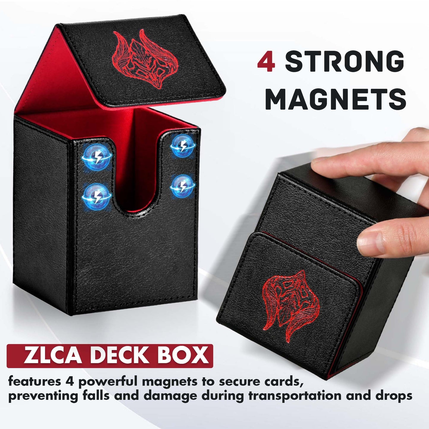 ZLCA 100+ Card Deck Box with 2 Dividers – PU Leather TCG Case for MTG, Yu-Gi-Oh (Black/Red Leaf)