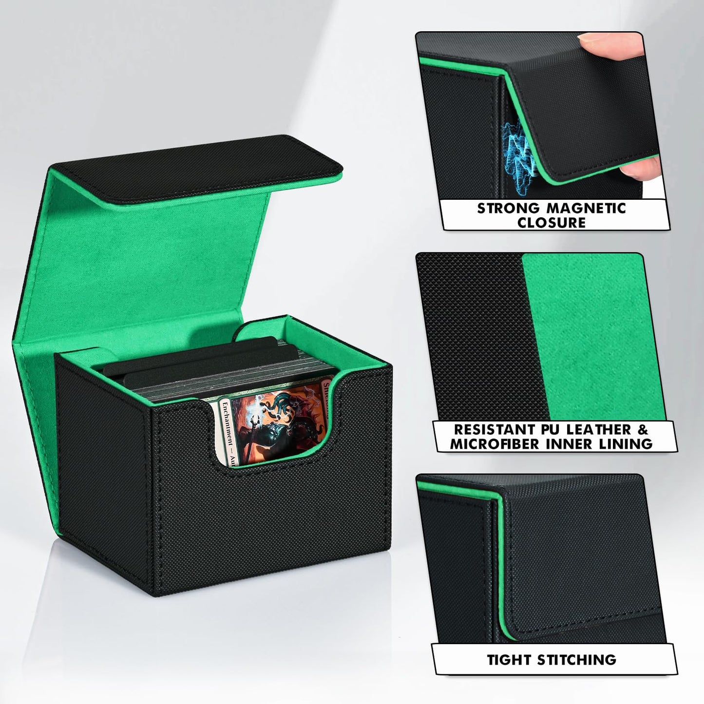 ZLCA Card Deck Box for Trading Cards – Leather Magnetic Case Holds 120+ Single-Sleeved MTG Commander Decks (Black & Dark Green)
