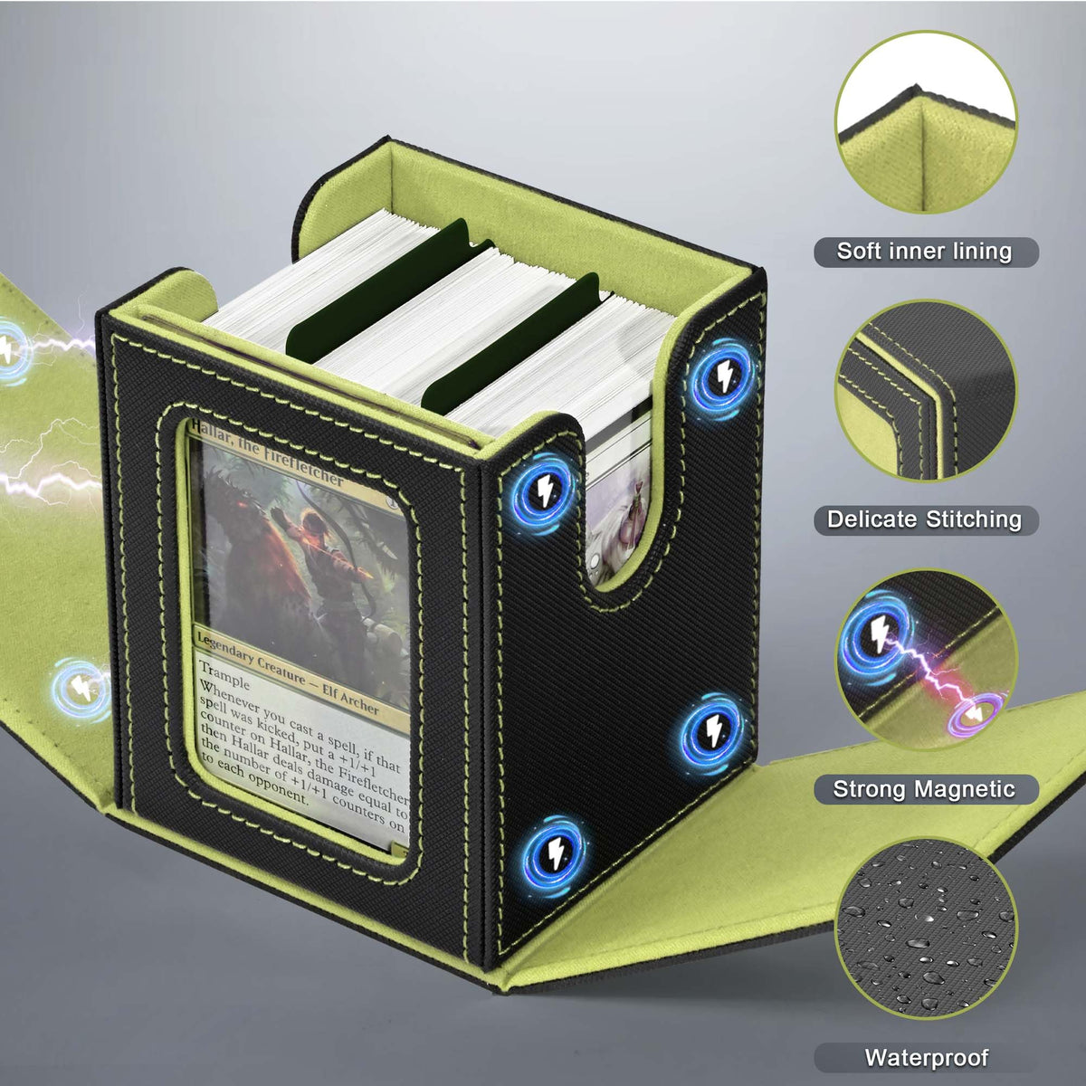 ZLCA MTG Deck Box with Commander Window Display – Holds 100+ Double-Sleeved Cards (Black & Green)