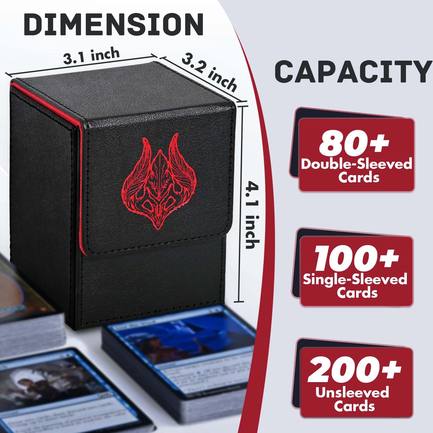 ZLCA 100+ Card Deck Box with 2 Dividers – PU Leather TCG Case for MTG, Yu-Gi-Oh (Black/Red Leaf)