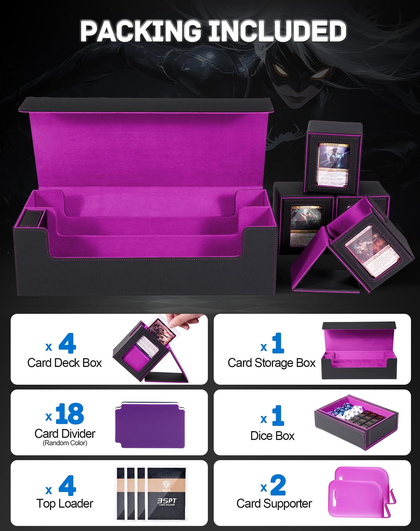 ZLCA MTG Card Storage Box 5-in-1 with 4 Small Commander Deck Boxes (Black & Violet)