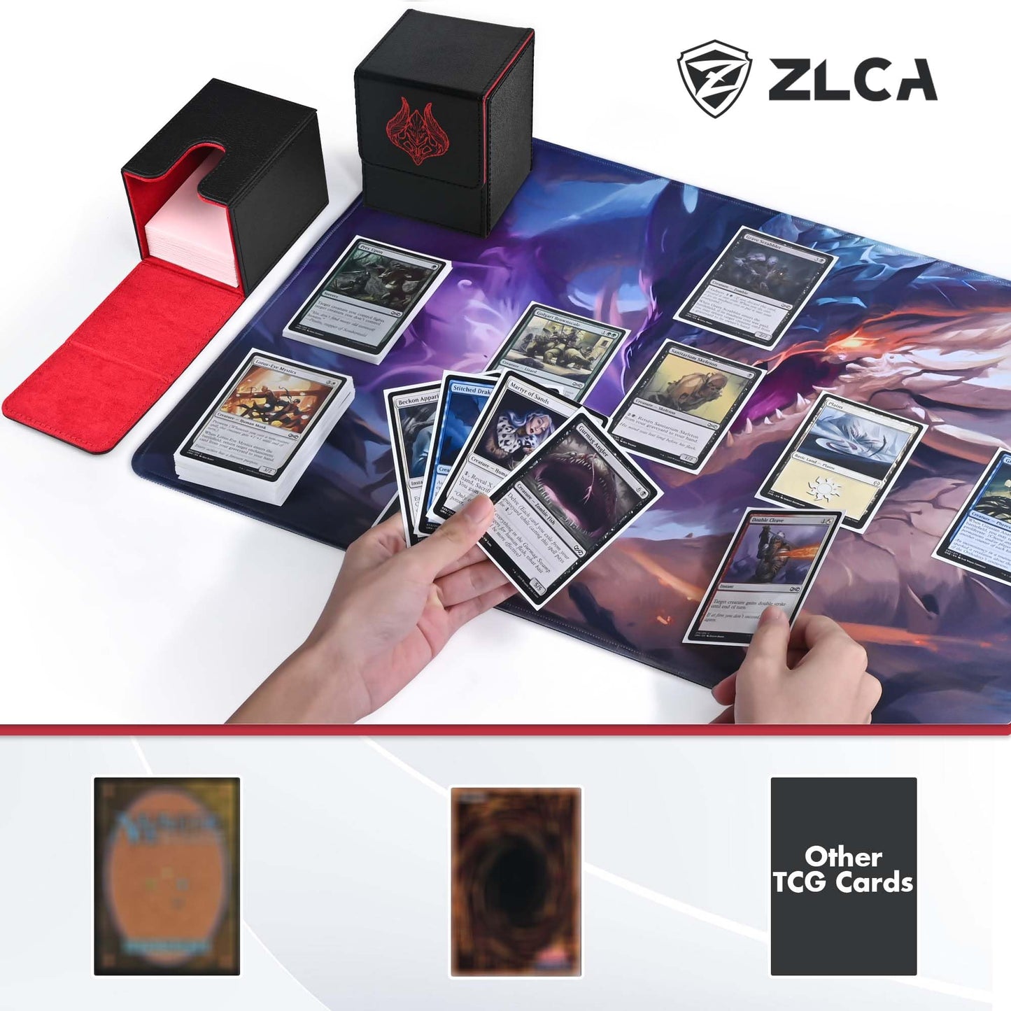 ZLCA 100+ Card Deck Box with 2 Dividers – PU Leather TCG Case for MTG, Yu-Gi-Oh (Black/Red Leaf)