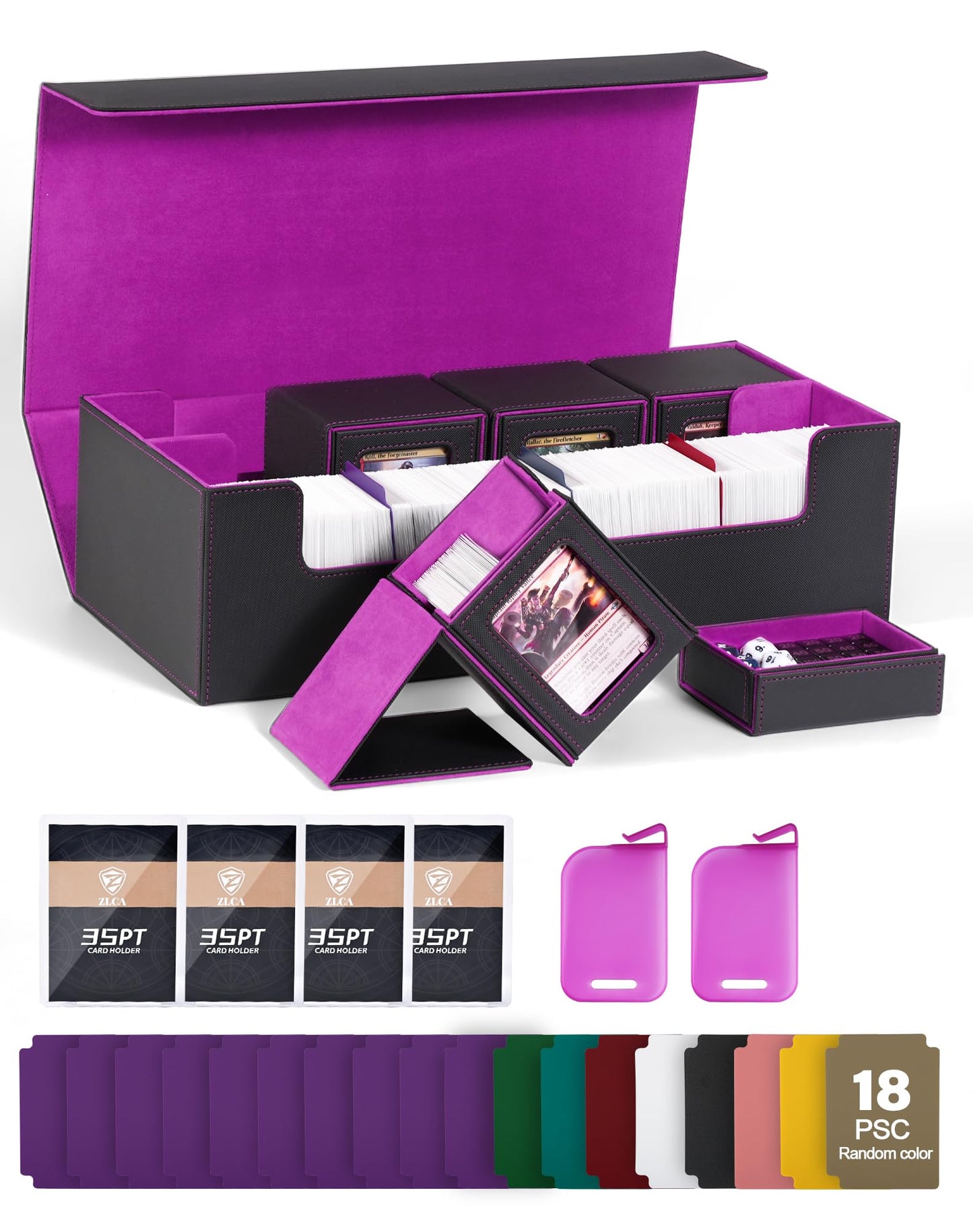 ZLCA MTG Card Storage Box 5-in-1 with 4 Small Commander Deck Boxes (Black & Violet)