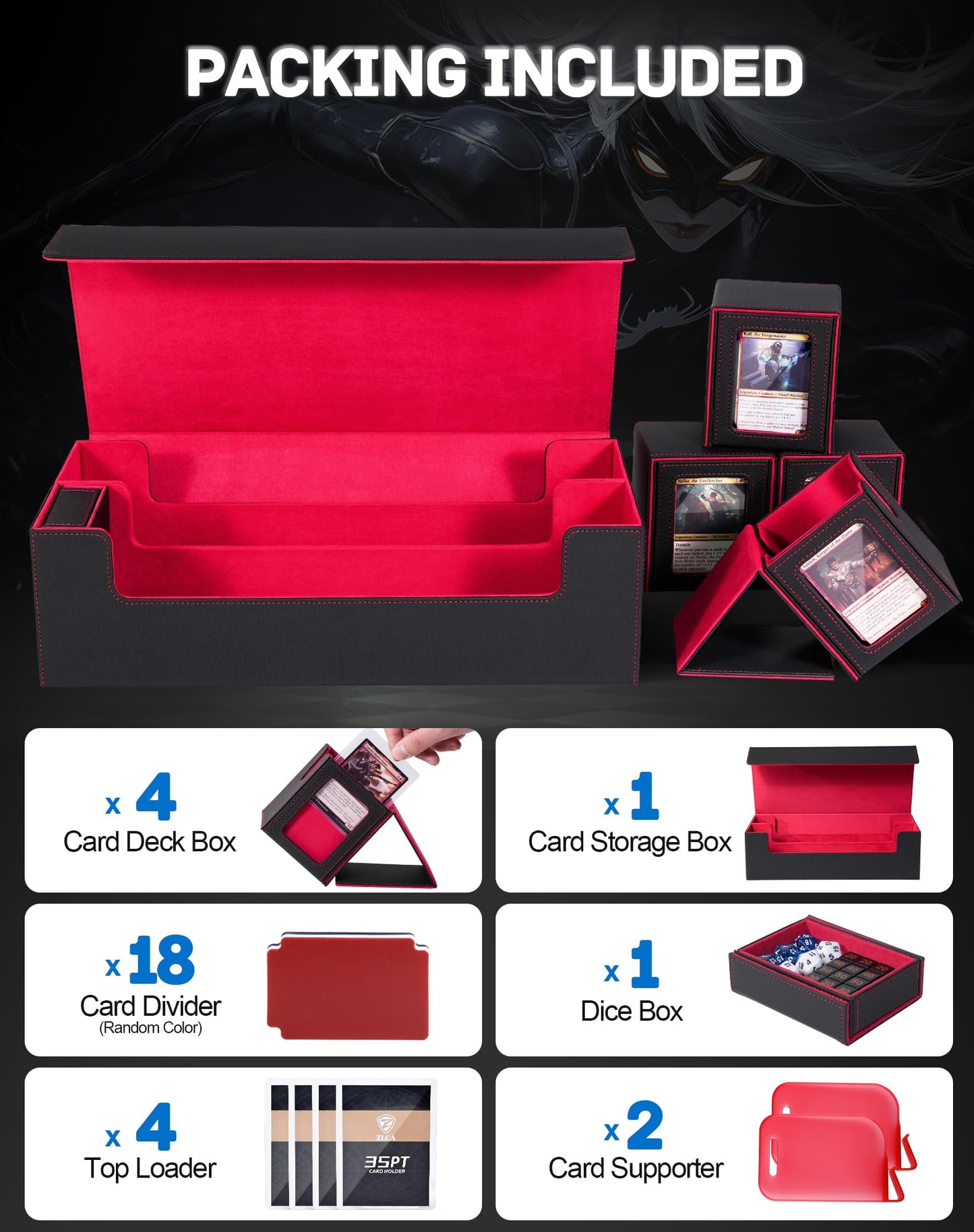 ZLCA MTG Card Storage Box 5 in 1 – Large Deck Case (Black/Red)