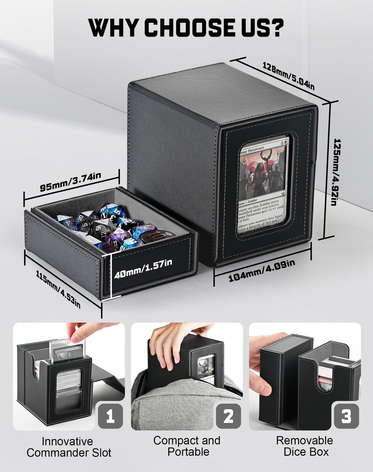 ZLCA MTG Commander Deck Box with Display Window - Holds 100 Double-Sleeved Cards, 35pt Magnetic Card Holder, Dice Tray, (Black & Grey)