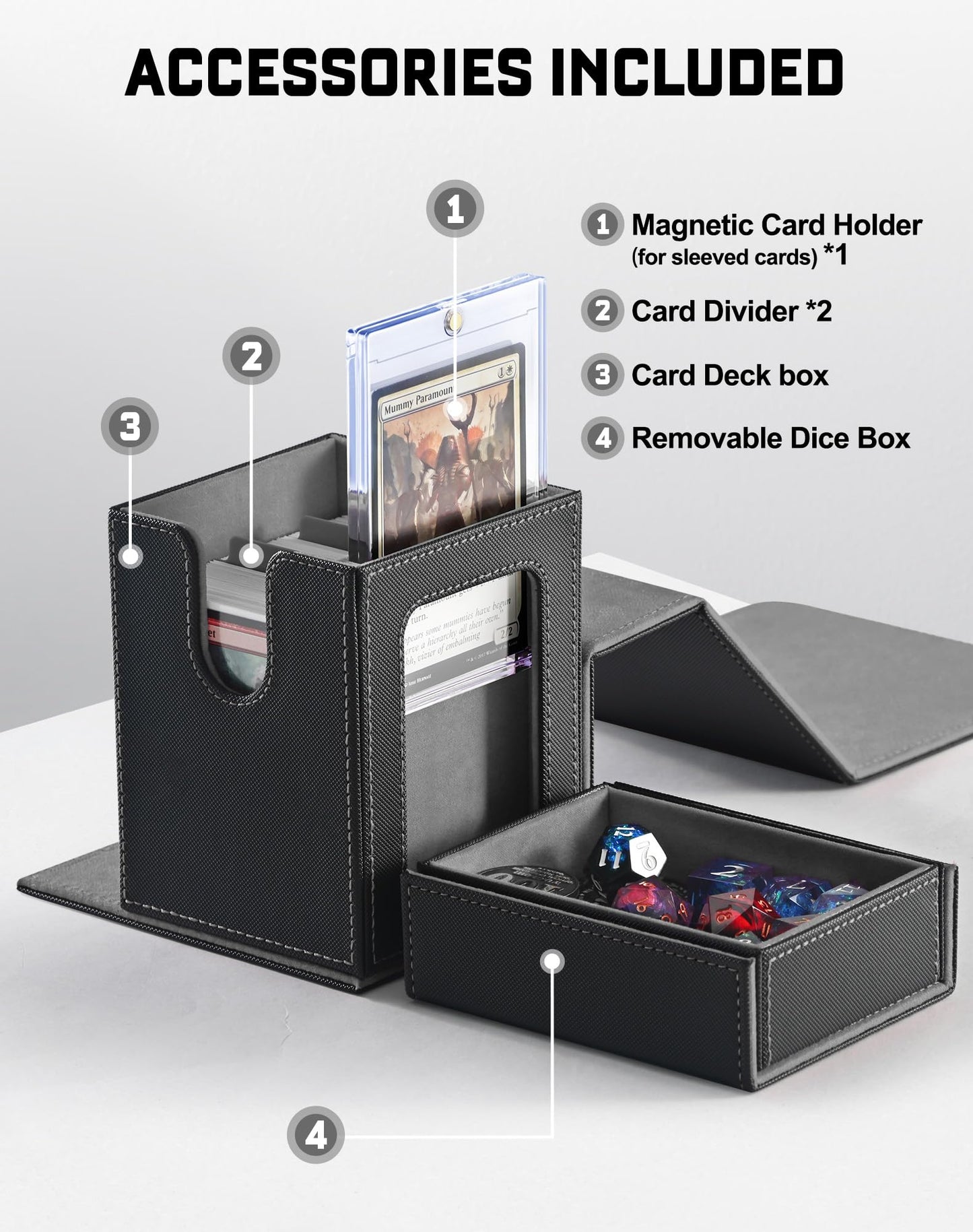 ZLCA MTG Commander Deck Box with Display Window - Holds 100 Double-Sleeved Cards, 35pt Magnetic Card Holder, Dice Tray, (Black & Grey)