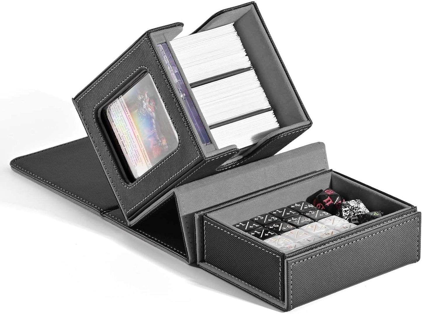 ZLCA MTG Commander Deck Box with Display Window - Holds 100 Double-Sleeved Cards, 35pt Magnetic Card Holder, Dice Tray, (Black & Grey)