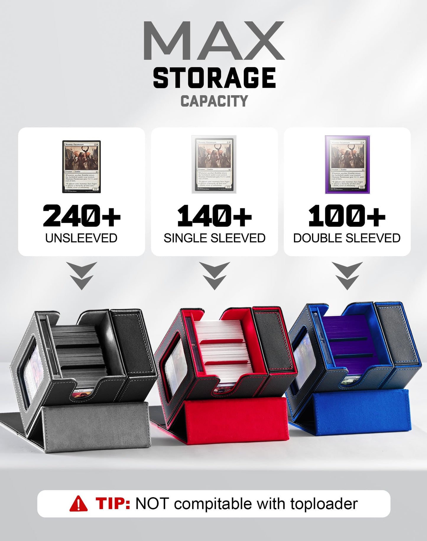 ZLCA MTG Commander Deck Box with Display Window - Holds 100 Double-Sleeved Cards, 35pt Magnetic Card Holder, Dice Tray, (Black & Grey)