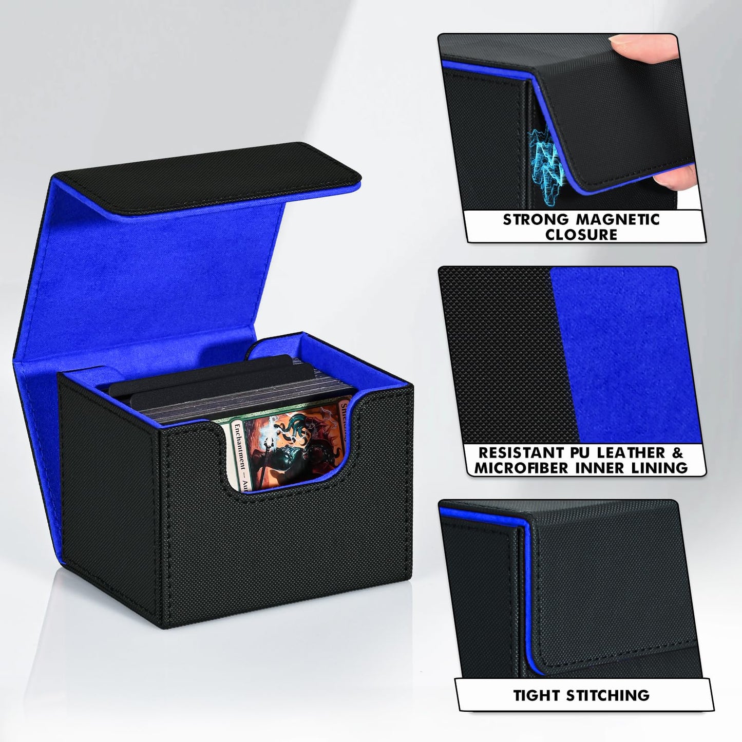 ZLCA Leather Magnetic MTG Deck Box – Holds 120+ Cards (Black & Blue)