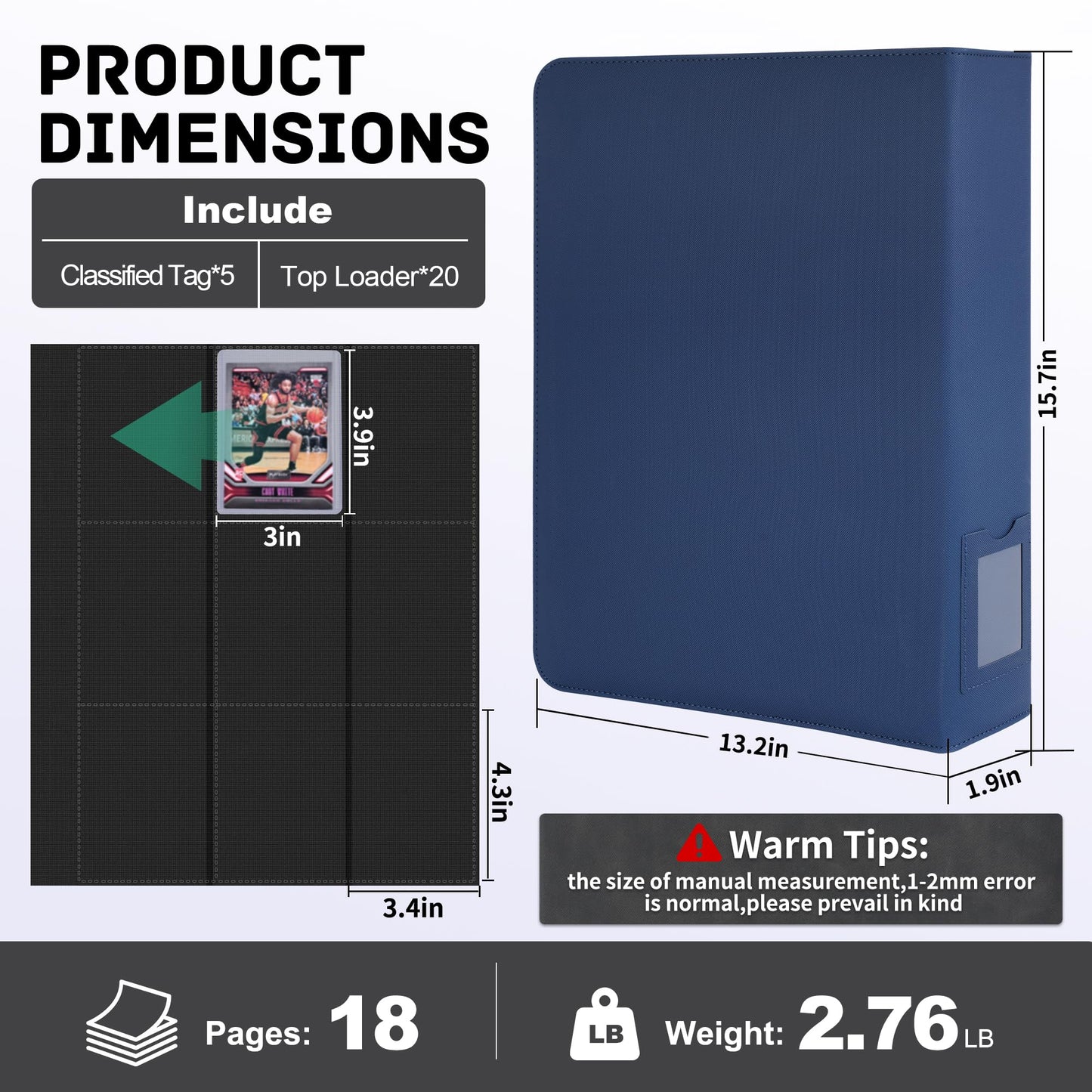 ZLCA Top Loader Binder - 9 Pocket, Holds 324 Cards, Includes 20 Top Loaders (Blue)