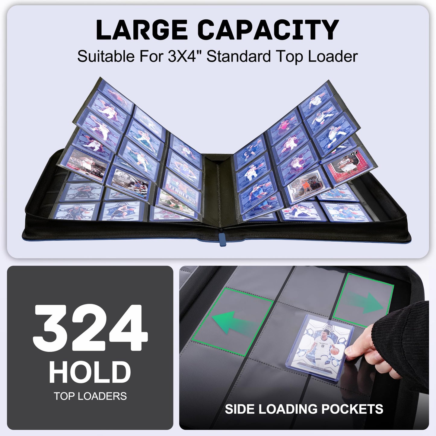 ZLCA Top Loader Binder - 9 Pocket, Holds 324 Cards, Includes 20 Top Loaders (Blue)
