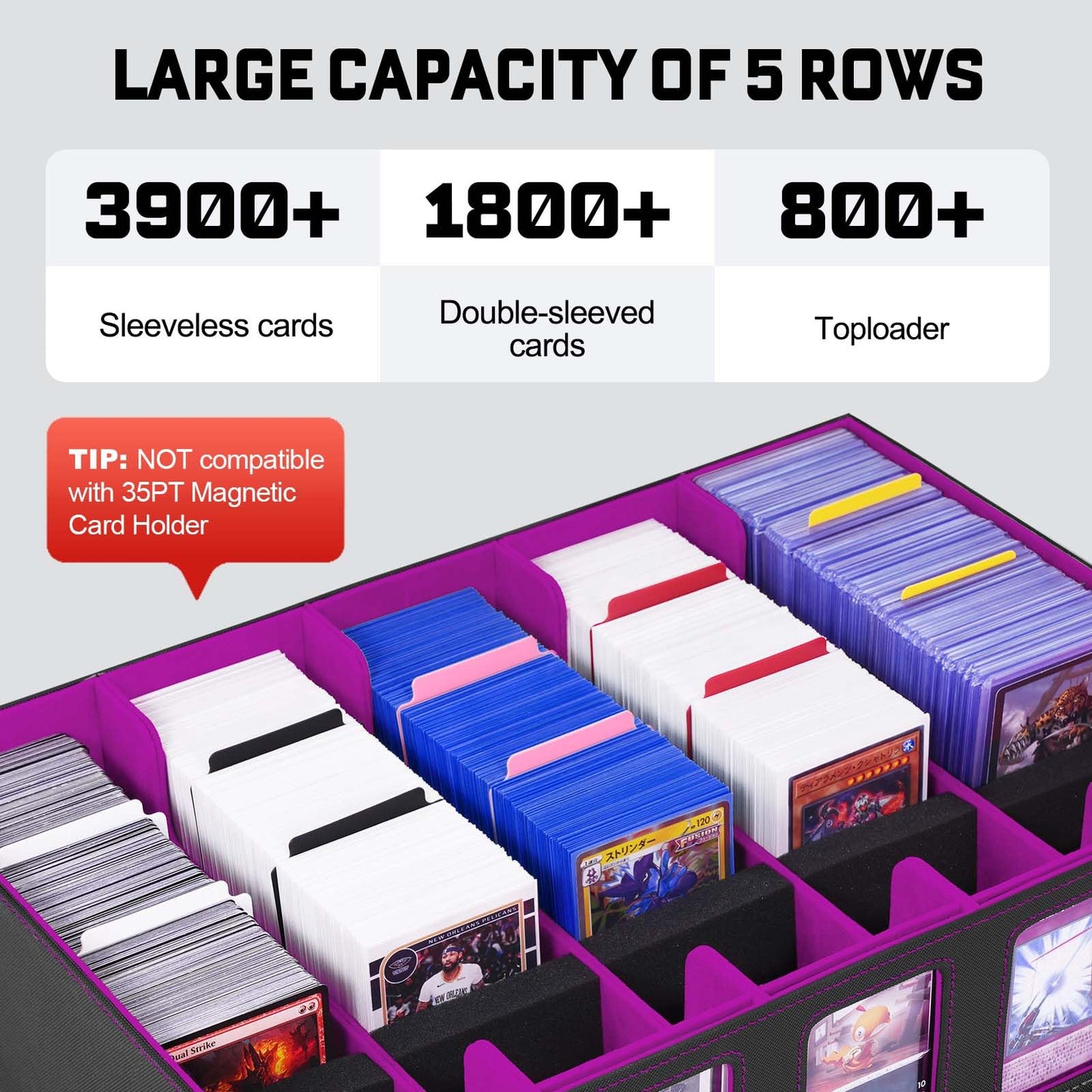 ZLCA 5-Row Trading Card Storage Box with Handle – 3900+ Card Capacity, Commander Display (Black & Purple)