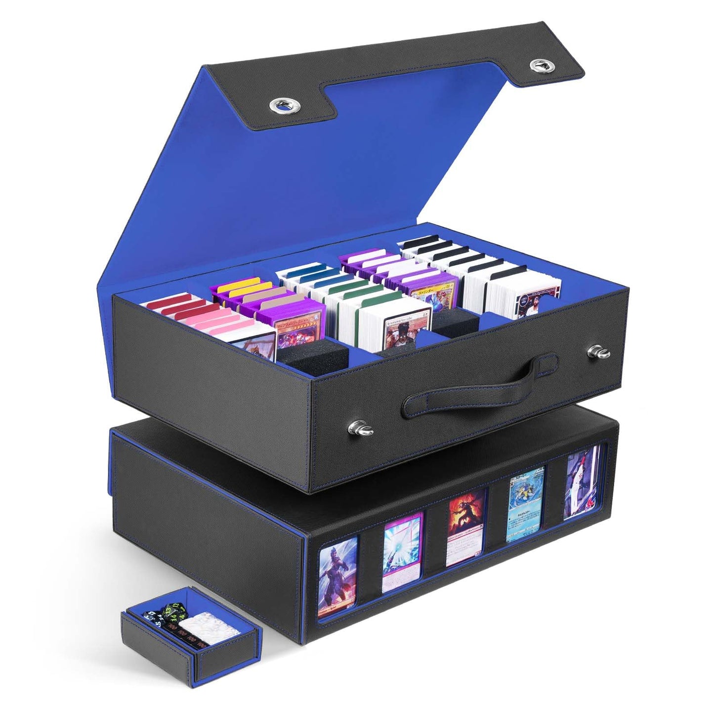 ZLCA 5-Row Trading Card Storage Box with Handle — 3900+ Cards (Black & Blue)