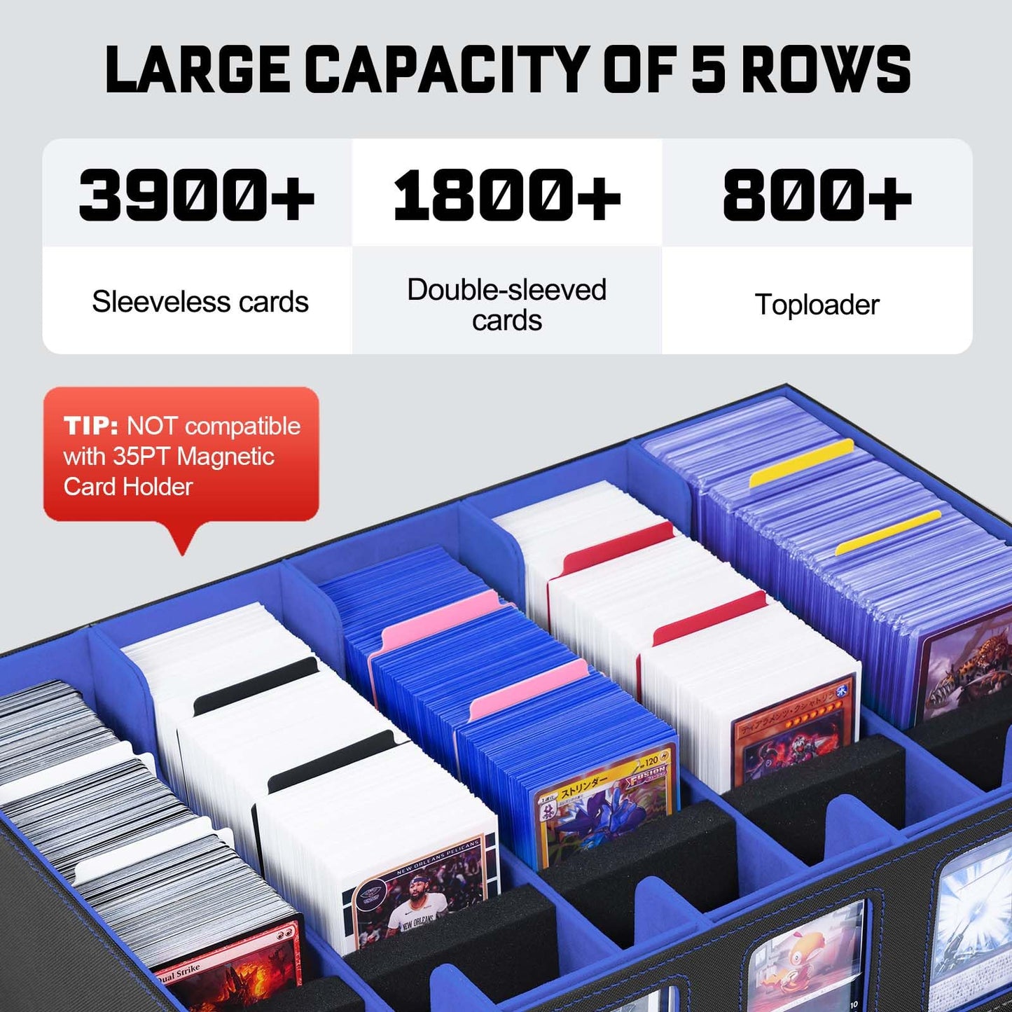 ZLCA 5-Row Trading Card Storage Box with Handle — 3900+ Cards (Black & Blue)