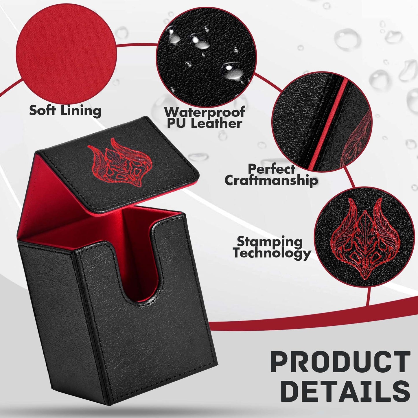 ZLCA 100+ Card Deck Box with 2 Dividers – PU Leather TCG Case for MTG, Yu-Gi-Oh (Black/Red Leaf)