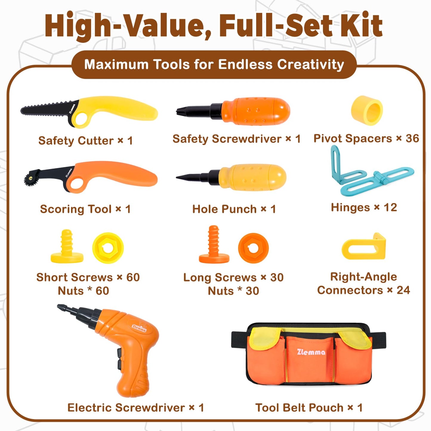 ZLemma Kids Cardboard Construction Tool Set with Drill & Tool Belt – 258PCS STEM Kit