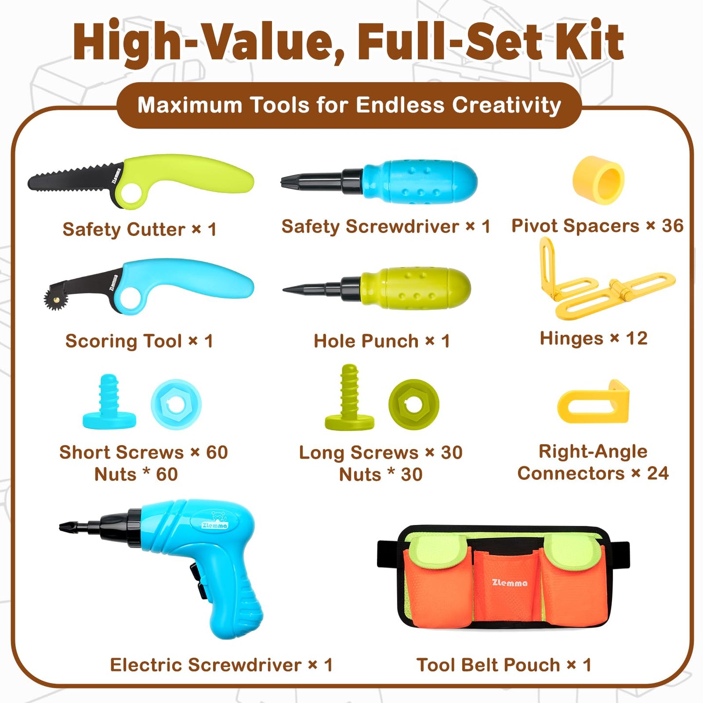 ZLemma Kids Cardboard Construction Tool Set with Electric Drill & Tool Belt – 258PCS STEM Building Kit