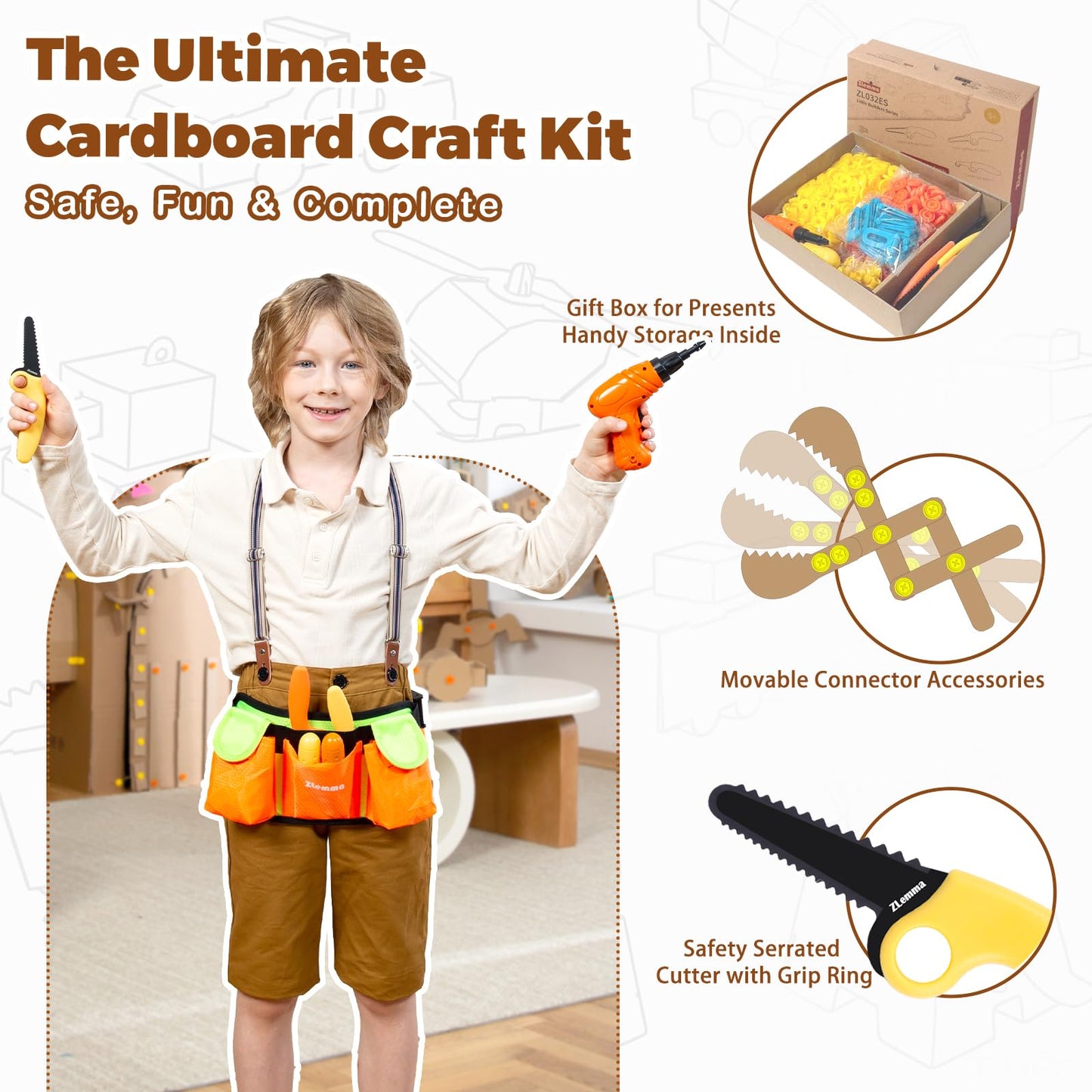 ZLemma Cardboard Construction Kit – 401 Pcs Kids STEM Building Set with Safe Serrated Cutter