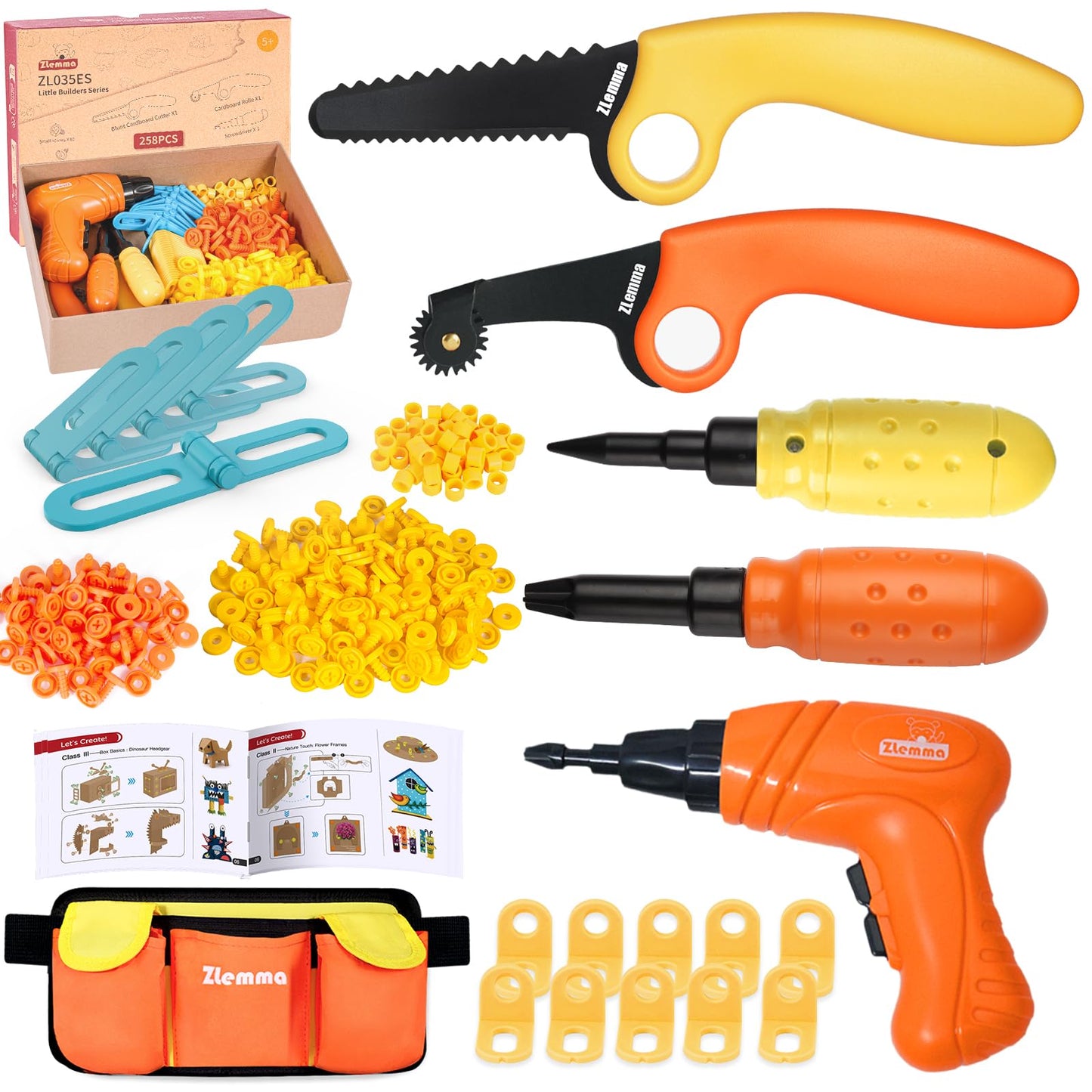 ZLemma Kids Cardboard Construction Tool Set with Drill & Tool Belt – 258PCS STEM Kit
