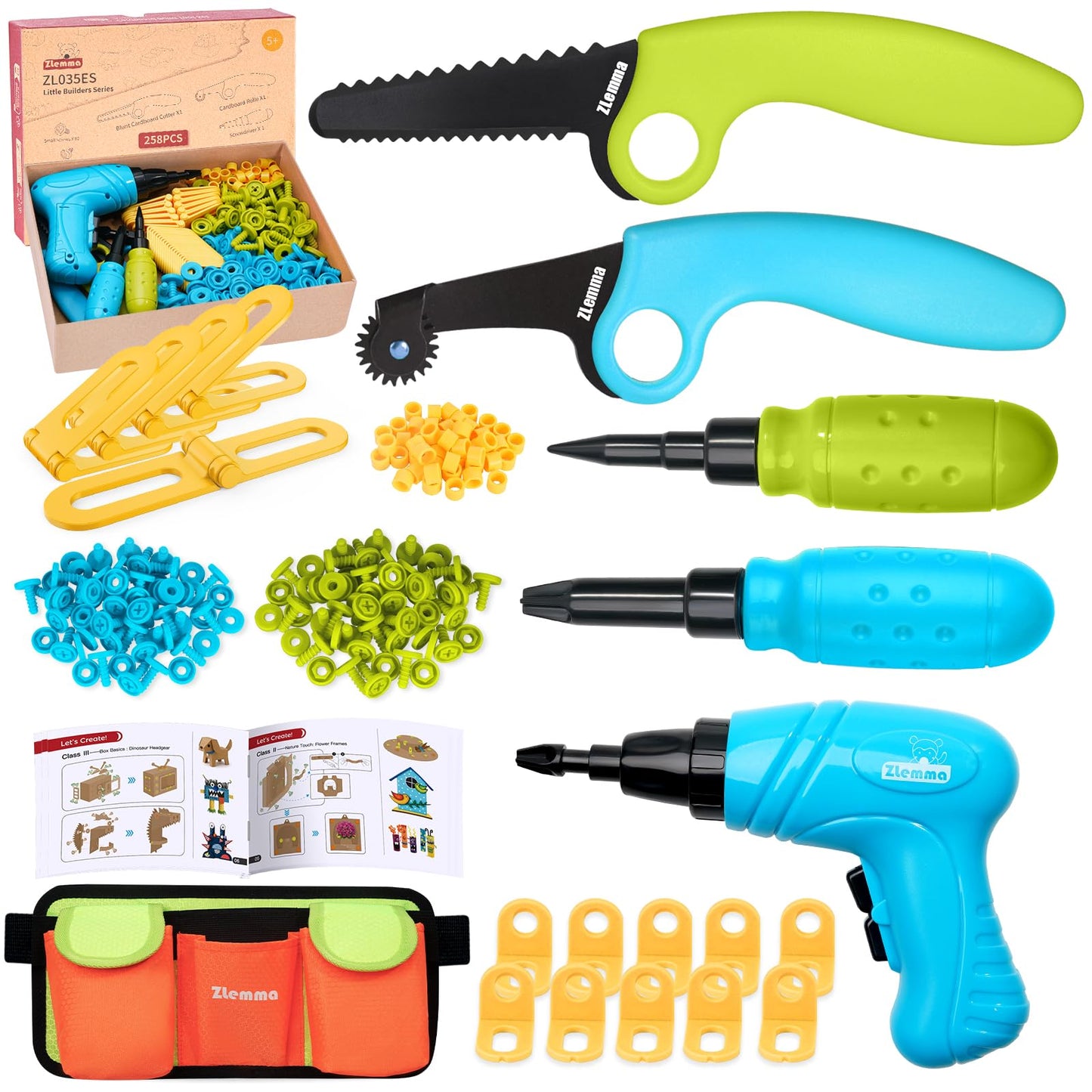 ZLemma Kids Cardboard Construction Tool Set with Electric Drill & Tool Belt – 258PCS STEM Building Kit