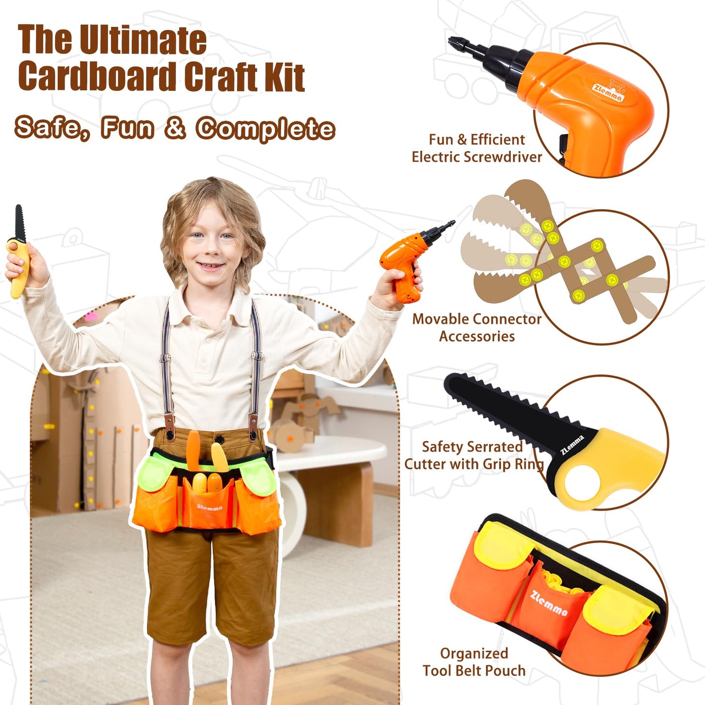 ZLemma Kids Cardboard Construction Tool Set with Drill & Tool Belt – 258PCS STEM Kit