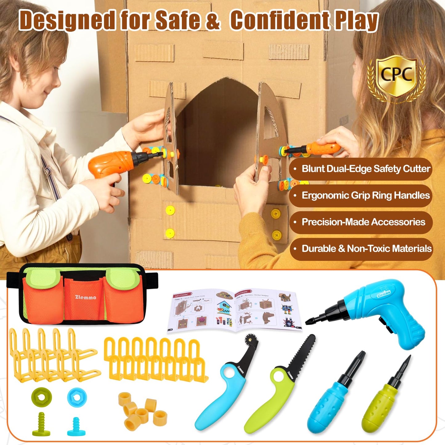 ZLemma Kids Cardboard Construction Tool Set with Electric Drill & Tool Belt – 258PCS STEM Building Kit