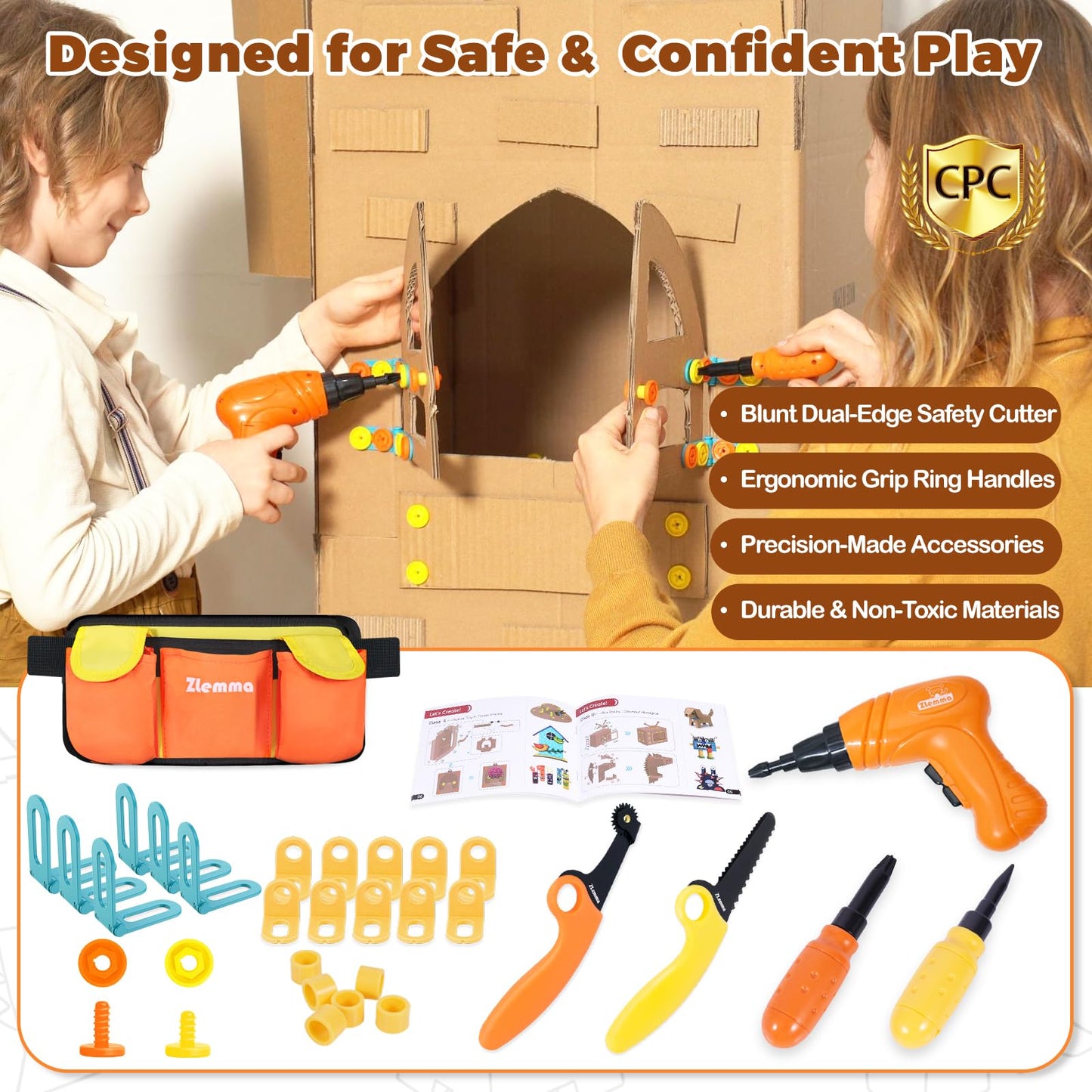 ZLemma Kids Cardboard Construction Tool Set with Drill & Tool Belt – 258PCS STEM Kit