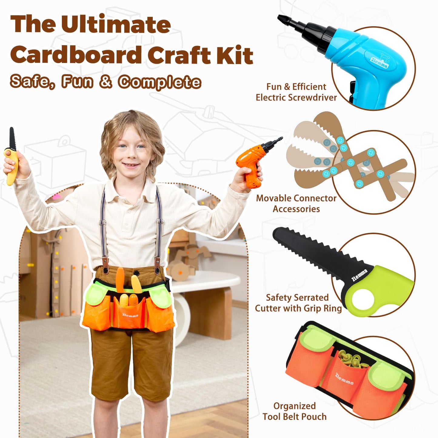ZLemma Kids Cardboard Construction Tool Set with Electric Drill & Tool Belt – 258PCS STEM Building Kit