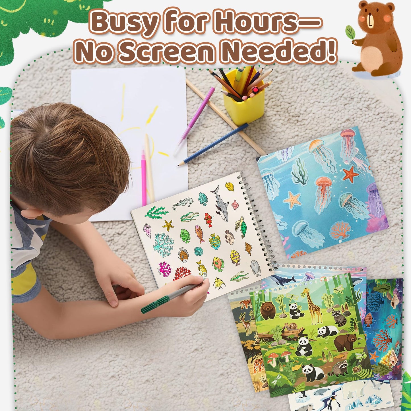 Zlineviy Animal Sticker Book for Toddlers – 12 Scenes & 12 Coloring Pages | Travel Quiet Time