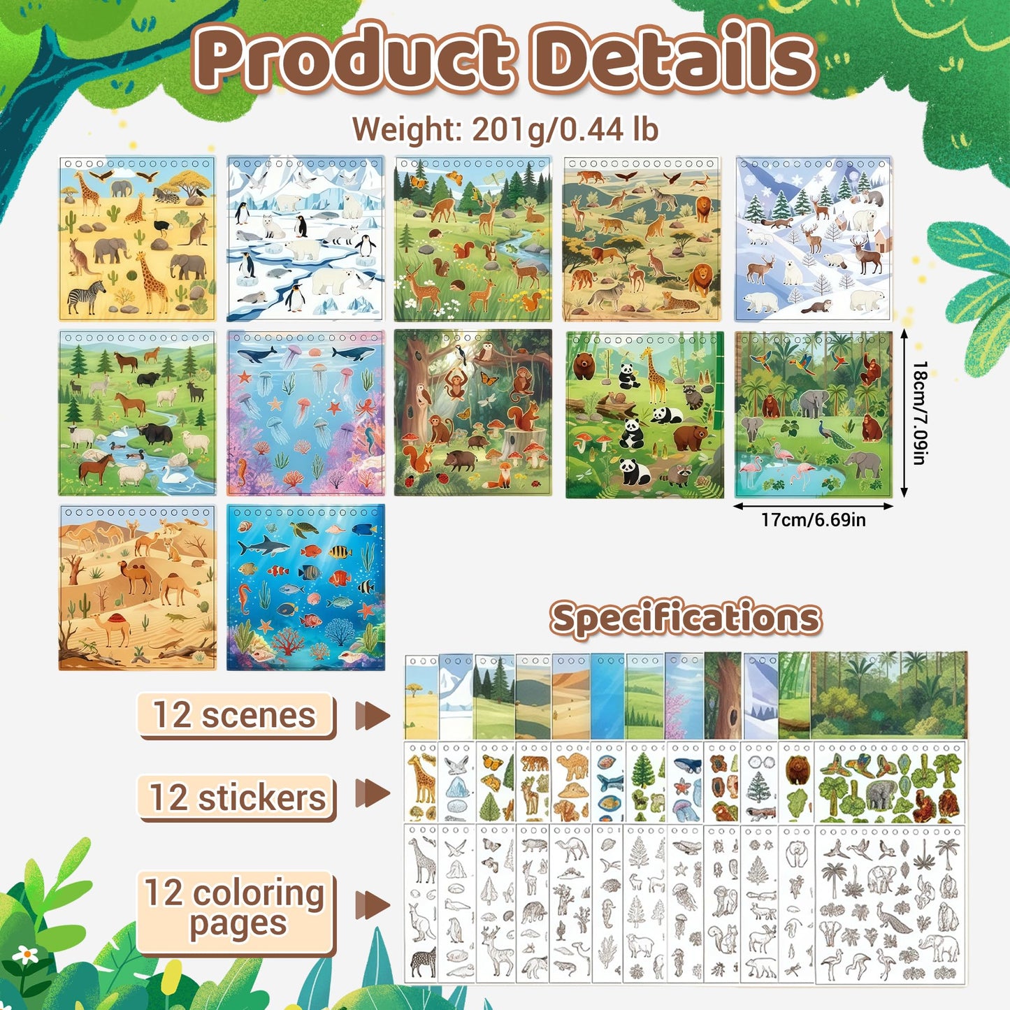 Zlineviy Animal Sticker Book for Toddlers – 12 Scenes & 12 Coloring Pages | Travel Quiet Time