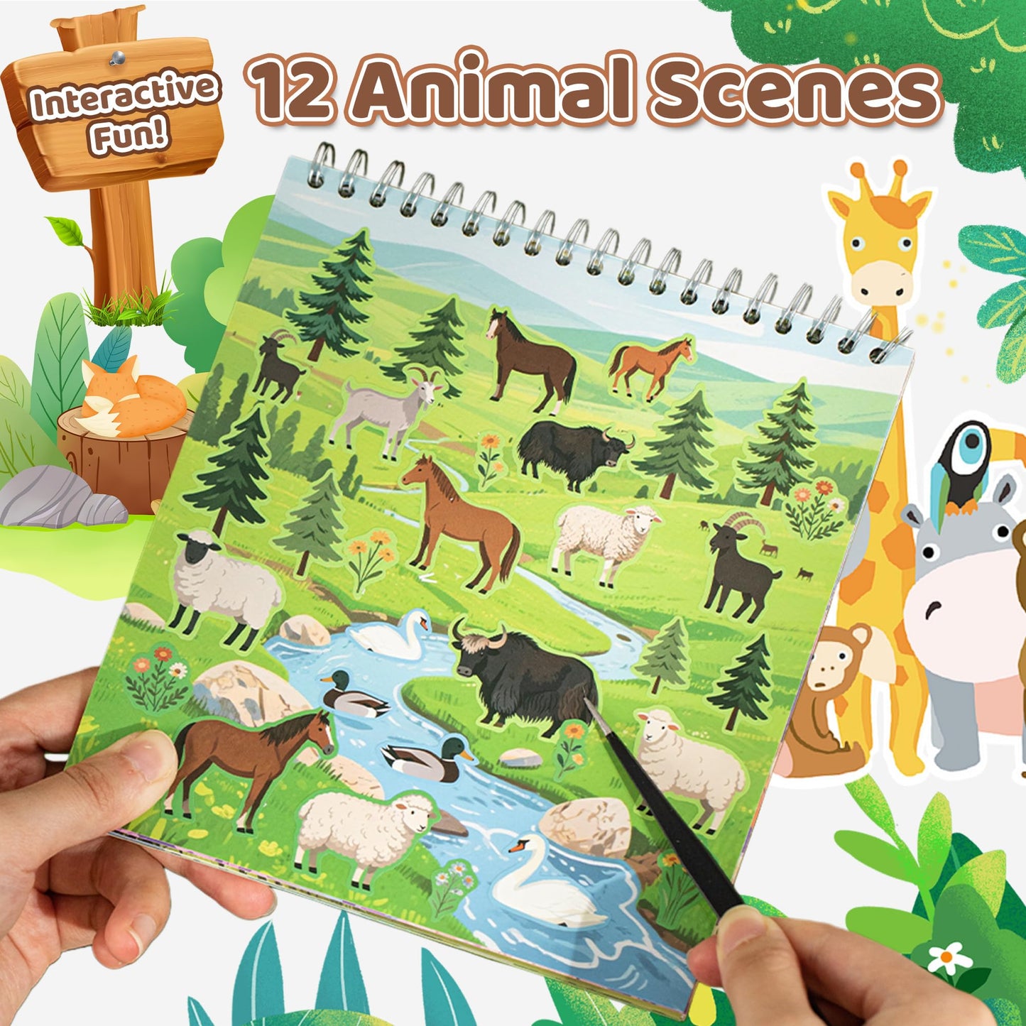 Zlineviy Animal Sticker Book for Toddlers – 12 Scenes & 12 Coloring Pages | Travel Quiet Time