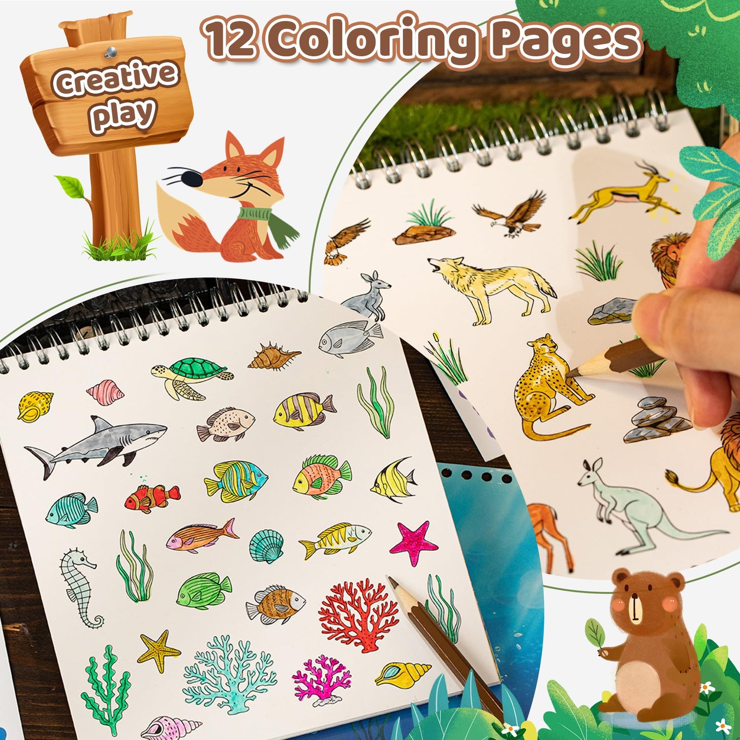 Zlineviy Animal Sticker Book for Toddlers – 12 Scenes & 12 Coloring Pages | Travel Quiet Time