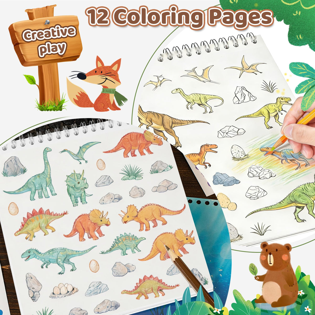 Zlineviy Dinosaur Sticker Book for Toddlers — 12 Scenes & 12 Coloring Pages | Travel-Friendly, Screen-Free