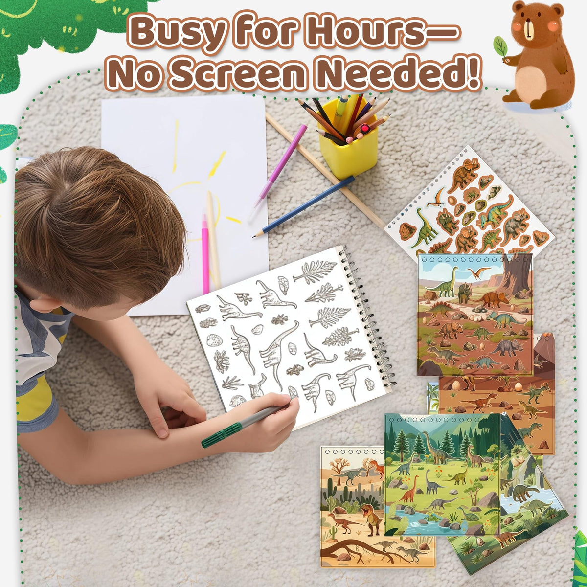 Zlineviy Dinosaur Sticker Book for Toddlers — 12 Scenes & 12 Coloring Pages | Travel-Friendly, Screen-Free