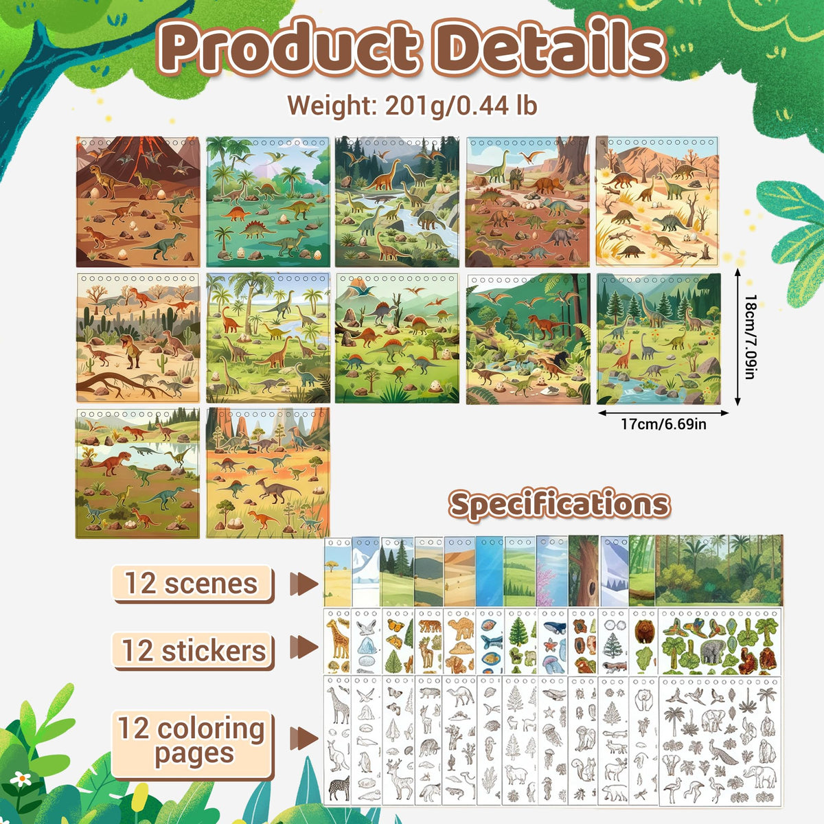 Zlineviy Dinosaur Sticker Book for Toddlers — 12 Scenes & 12 Coloring Pages | Travel-Friendly, Screen-Free
