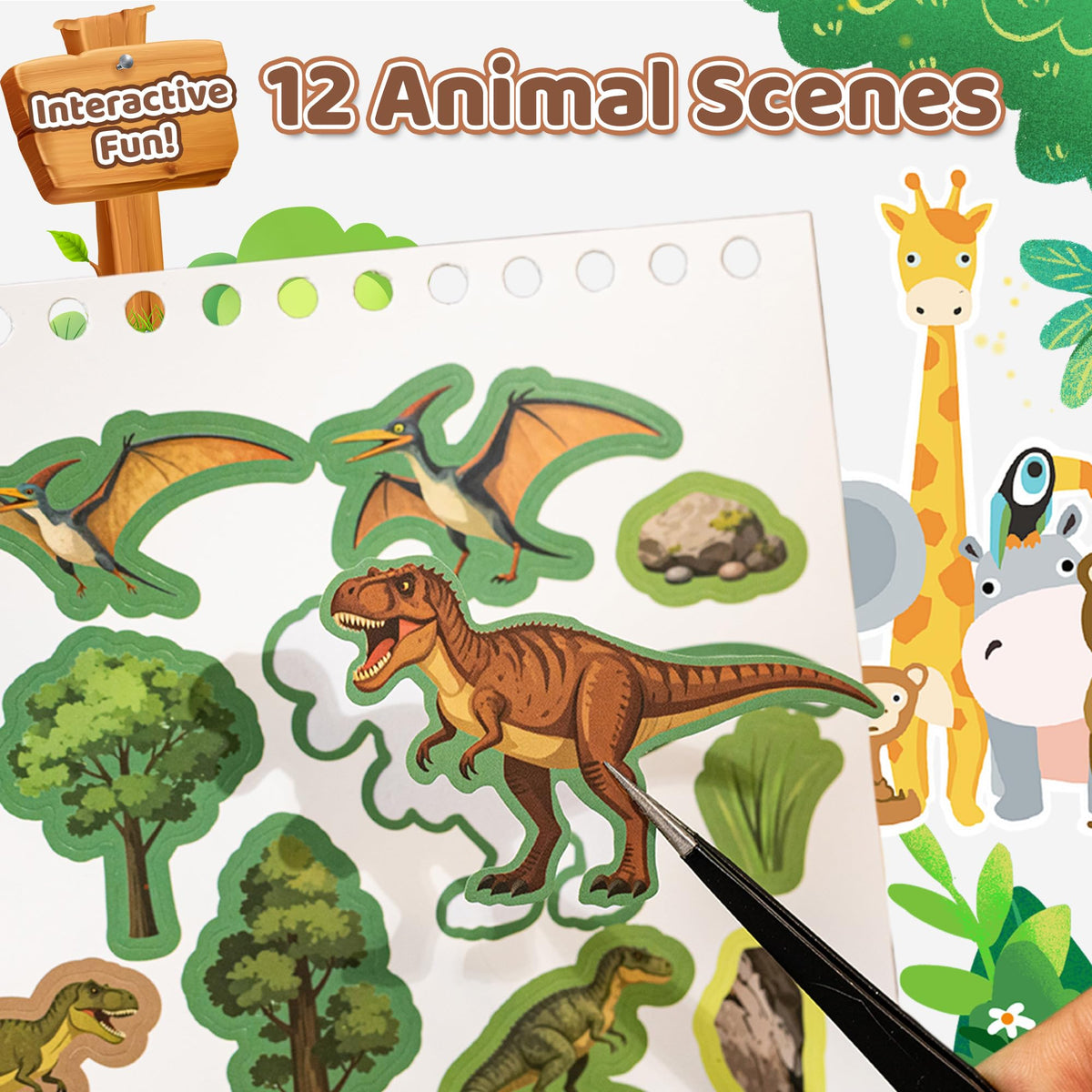 Zlineviy Dinosaur Sticker Book for Toddlers — 12 Scenes & 12 Coloring Pages | Travel-Friendly, Screen-Free
