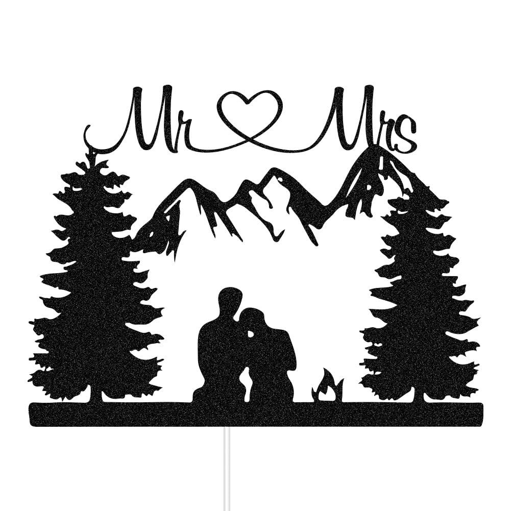 ZLPDS Mountain Wedding Cake Topper – Outdoors Forest Theme Mr & Mrs Cake Decor in Black Glitter