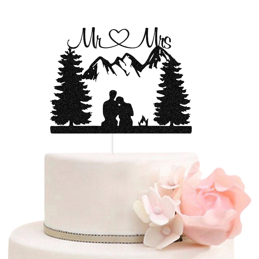 ZLPDS Mountain Wedding Cake Topper – Outdoors Forest Theme Mr & Mrs Cake Decor in Black Glitter