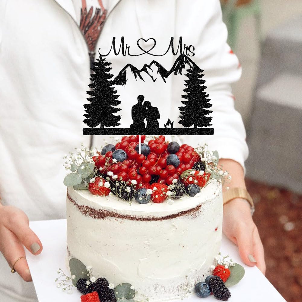 ZLPDS Mountain Wedding Cake Topper – Outdoors Forest Theme Mr & Mrs Cake Decor in Black Glitter