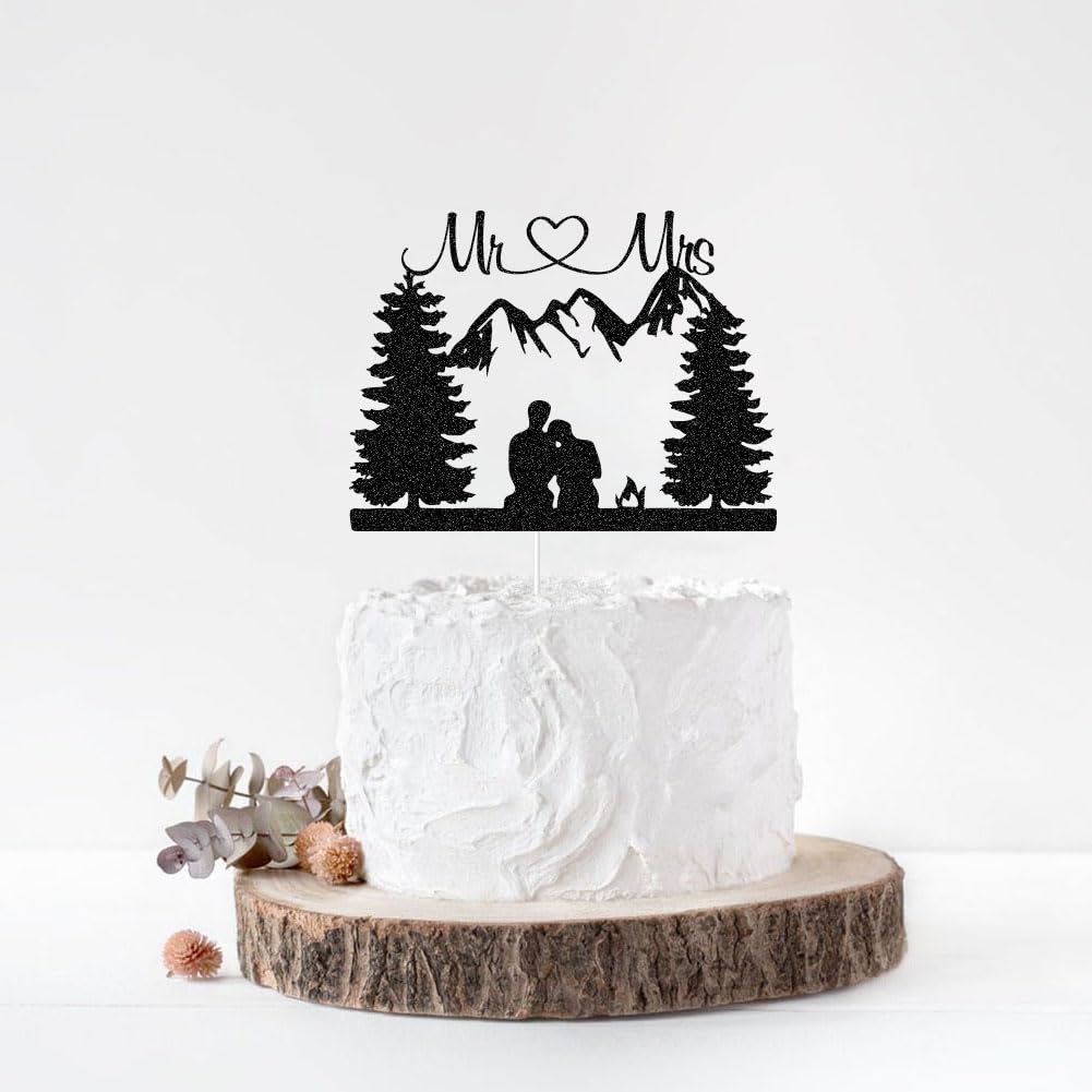 ZLPDS Mountain Wedding Cake Topper – Outdoors Forest Theme Mr & Mrs Cake Decor in Black Glitter
